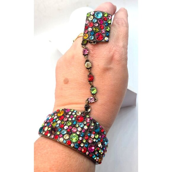 Multicolor Rhinestone Hand Chain Bracelet With Ring Attached Antique Gold-Tone A - Picture 5 of 5